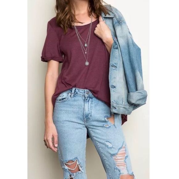 NEW Hayden LA Maroon Boyfriend Fit Scoop Neck Tee with Unfinished Hem - Picture 1 of 3